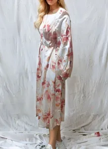 Side view of bohemian high-waist floral midi dress showing fabric texture and print