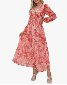 Elegant long-sleeved floral print bohemian maxi dress with a deep V-neck and high waist