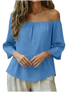 Elegante camicetta blu con spalle scoperte in cotone e lino da donna, top estivo casual