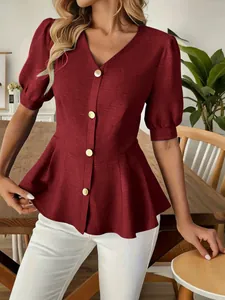 Elegant burgundy V-neck puff sleeve blouse with slim fit peplum design for women