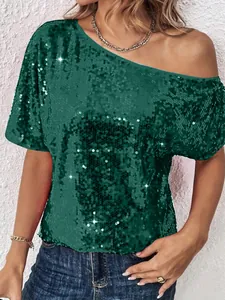 Elegant plus size dark green sequin off-shoulder top for women featuring a loose leisure fit