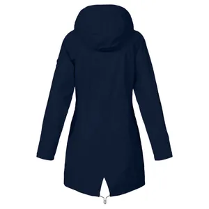 Back view of a navy blue hooded outdoor jacket for women with waterproof design