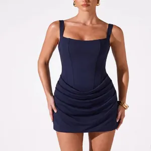 Elegant navy blue square neck sleeveless dress featuring structured bodice and draped skirt