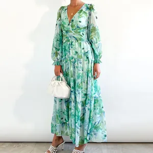 Elegant floral bohemian maxi dress featuring a deep V-neck and high waist details