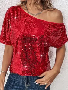 Women's red sequined off-the-shoulder loose fit casual top for sparkling party look