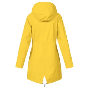Back view detail of yellow waterproof hooded outdoor jacket windbreaker for women