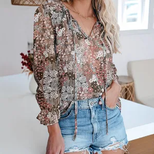 Floral print v-neck long sleeve blouse with tie front in bohemian commuter style