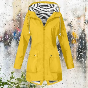Detailed view of yellow women's raincoat with striped hood lining and zip closure