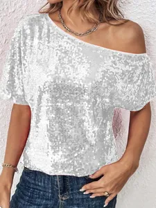 Elegant silver sequined off-shoulder top for women, loose fit casual party tee.