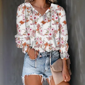 Women's elegant floral print V-neck long sleeve blouse for stylish casual commuter wear