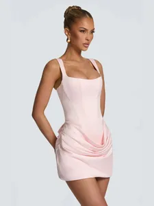 Women Square Neck Sleeveless Ruched Bodycon Mini Dress Corset Style Back Lace-up Solid Color Slim Fit Elegant Party Top And Bottom