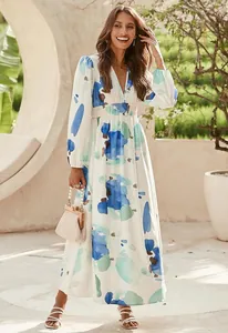 Full-length detail view of a Bohemian deep V-neck maxi dress with blue floral print