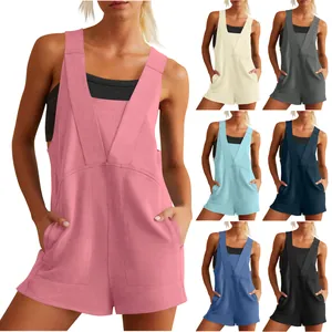 Casual women's V-neck sleeveless romper shorts shown in multiple colors for 2025 spring summer.
