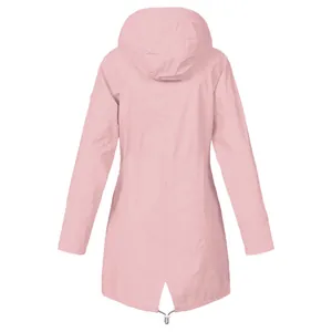 Back view of a pink women's hooded outdoor windbreaker jacket on a white background