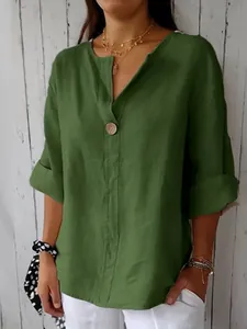Top casual in cotone e lino verde da donna con scollo a V e bottone, vestibilità ampia