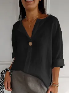 Top casual in cotone e lino nero con scollo a V e bottone per donna abbigliamento estivo