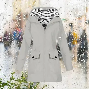 Grey outdoor waterproof raincoat for women with striped hood lining detail