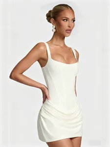 Elegant white square neck sleeveless corset mini dress featuring a draped hip design