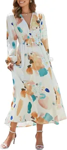 Full view showing the flowy fabric and abstract print of the bohemian V-neck maxi dress