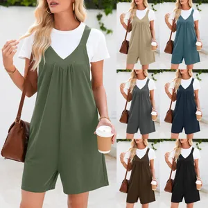 Combinaison short sans manches à col en V pour femmes en plusieurs couleurs unies d'été