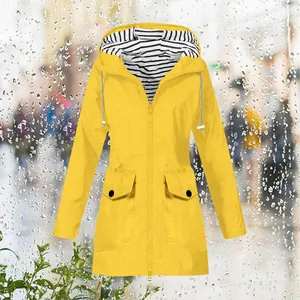Casual yellow hooded outdoor jacket featuring striped lining for rainy conditions