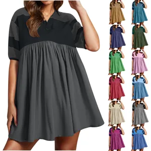 Stylish women's short-sleeve babydoll dress with polo collar, available in many colors