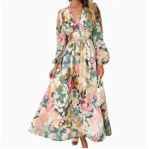 Elegant Bohemian deep V-neck floral print high waist long sleeve maxi dress for women