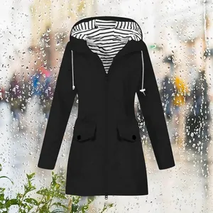 Close-up front view of black outdoor hooded raincoat with striped inner lining