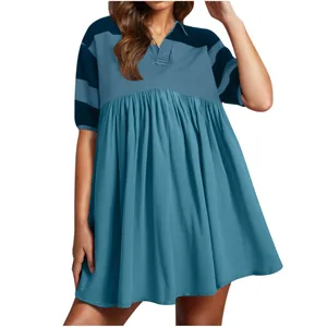 Stylish women's casual short-sleeve polo dress with pleated skirt and button collar