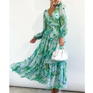 Elegant Bohemian floral print V-neck high waist long sleeve maxi dress for women