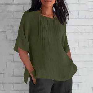 Close-up of olive green cotton linen shirt featuring exquisite pleated round neck detail.