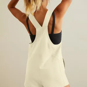 Close-up detail of the back view of casual v-neck sleeveless romper shorts for women