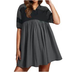 Casual polo collar short sleeve mini dress with pleated patchwork design in grey and black