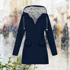 Close-up detail of a navy blue women's hooded rain jacket featuring stylish striped lining.