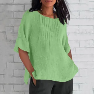 Women's casual cotton linen pleated blouse in green with elegant round neckline detail
