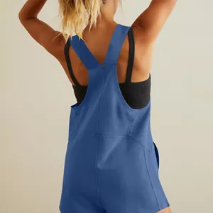 Detailed back view of a blue casual sleeveless summer romper with shorts for women