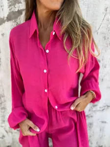 Detailed view of vibrant hot pink crinkle cotton linen shirt and shorts two-piece set