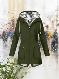 Women Mid-Length Outdoor Hooded Jacket Waterproof Windbreaker Coat With Striped Lining And Large Pockets For Casual Hiking Mountaineering