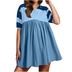 Detailed look at a color-block striped short sleeve polo mini dress for summer fashion