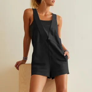 Close-up detail of a chic black sleeveless V-neck romper, perfect for summer casual wear