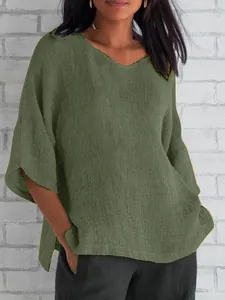 Top casual de algodón y lino verde oliva con cuello en V y ajuste holgado para mujer