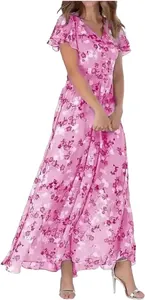 Detailed view of pink floral chiffon maxi dress with V-neck and ruffled sleeves