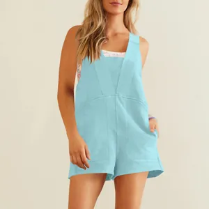 Detail of a casual light blue sleeveless V-neck romper with front pockets for summer