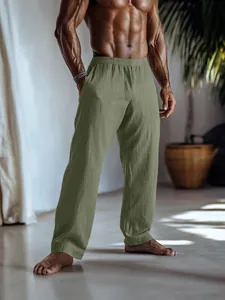 Pantaloni casual premium da uomo in cotone e lino verde oliva con tasche laterali