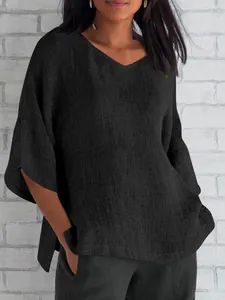Top informal holgado para mujer en algodón y lino negro con cuello en V y media manga