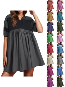 Women European Casual Polyester Spandex Polo Lapel Collar Button Stripe Patchwork Printed Short Sleeve Pleated Midi Dress