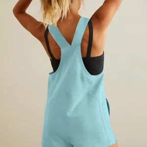 Back view detail of light blue casual sleeveless jumpsuit shorts for summer fashion