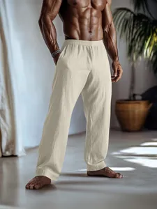 Pantaloni casual da uomo in lino di cotone beige, vestibilità ampia con tasche