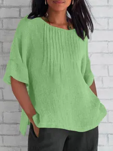 Casual green cotton linen blouse with pleated round neck and 3/4 sleeves for women
