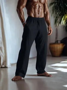 Pantaloni casual da uomo in cotone e lino neri, traspiranti e vestibilità ampia